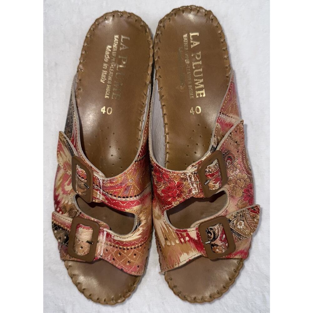 La Plume Jen Floral Leather Comfort Double Buckle Sandals Made In Italy US 9.5